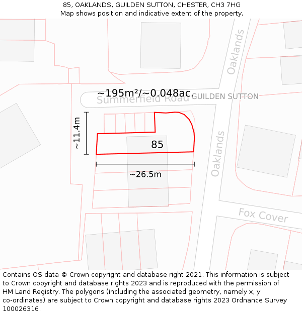 85, OAKLANDS, GUILDEN SUTTON, CHESTER, CH3 7HG: Plot and title map