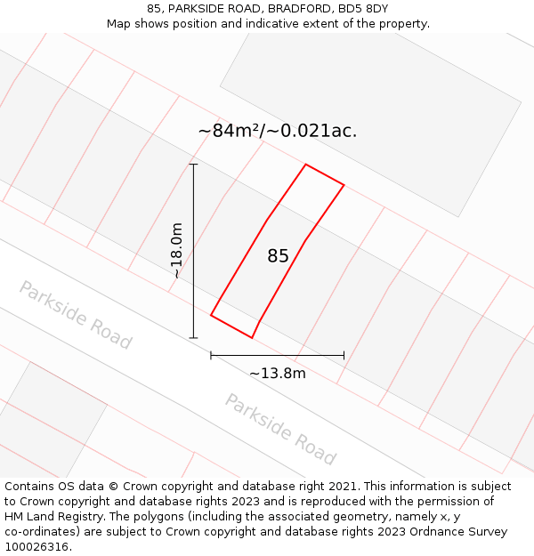 85, PARKSIDE ROAD, BRADFORD, BD5 8DY: Plot and title map