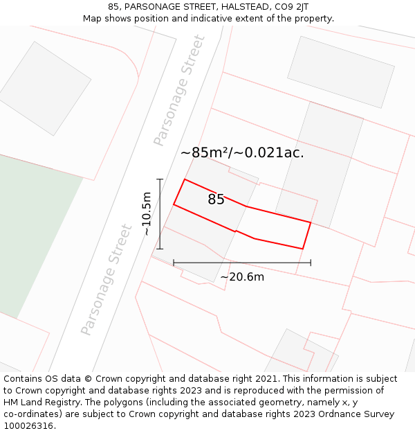 85, PARSONAGE STREET, HALSTEAD, CO9 2JT: Plot and title map
