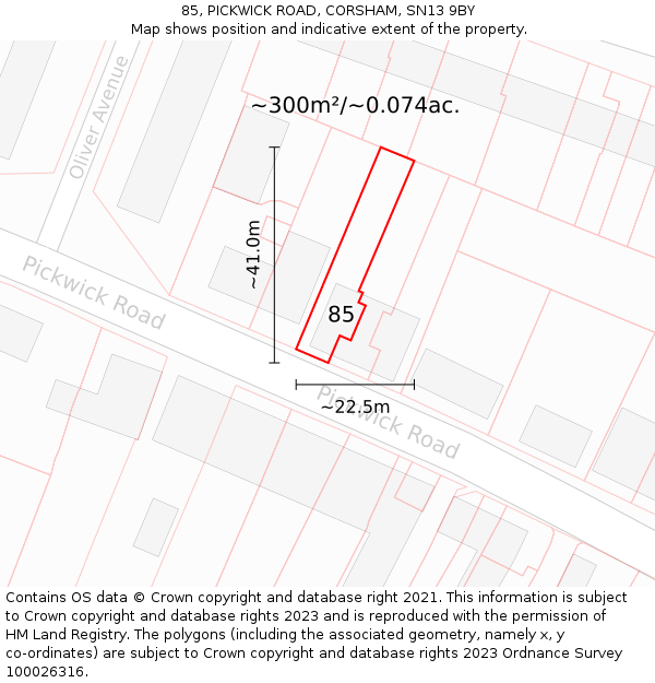 85, PICKWICK ROAD, CORSHAM, SN13 9BY: Plot and title map