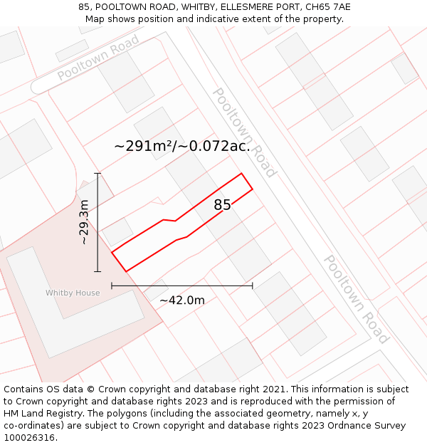 85, POOLTOWN ROAD, WHITBY, ELLESMERE PORT, CH65 7AE: Plot and title map