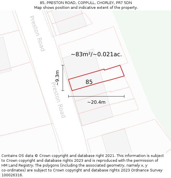 85, PRESTON ROAD, COPPULL, CHORLEY, PR7 5DN: Plot and title map