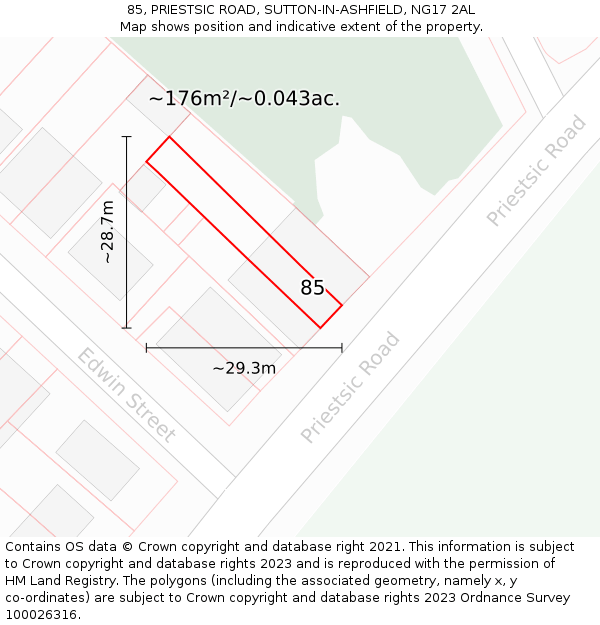 85, PRIESTSIC ROAD, SUTTON-IN-ASHFIELD, NG17 2AL: Plot and title map
