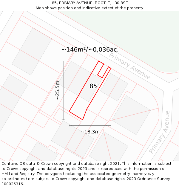 85, PRIMARY AVENUE, BOOTLE, L30 8SE: Plot and title map
