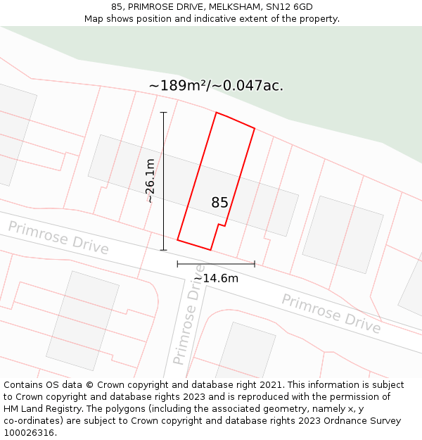 85, PRIMROSE DRIVE, MELKSHAM, SN12 6GD: Plot and title map
