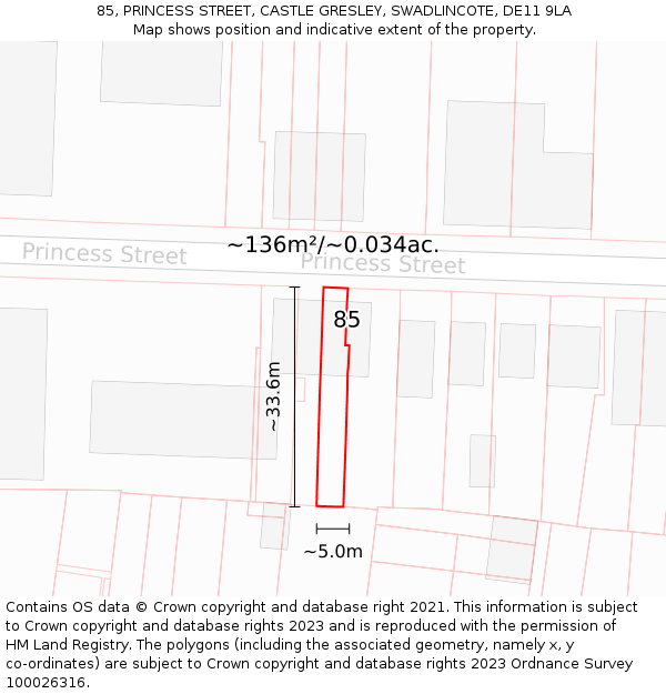 85, PRINCESS STREET, CASTLE GRESLEY, SWADLINCOTE, DE11 9LA: Plot and title map