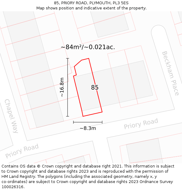 85, PRIORY ROAD, PLYMOUTH, PL3 5ES: Plot and title map