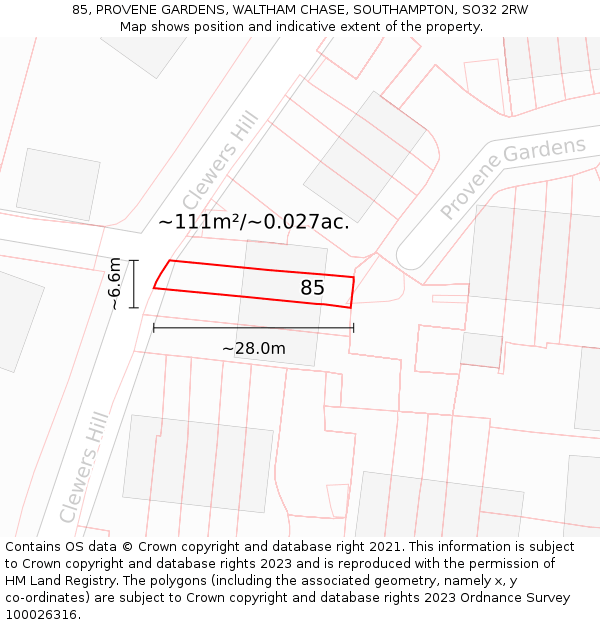 85, PROVENE GARDENS, WALTHAM CHASE, SOUTHAMPTON, SO32 2RW: Plot and title map