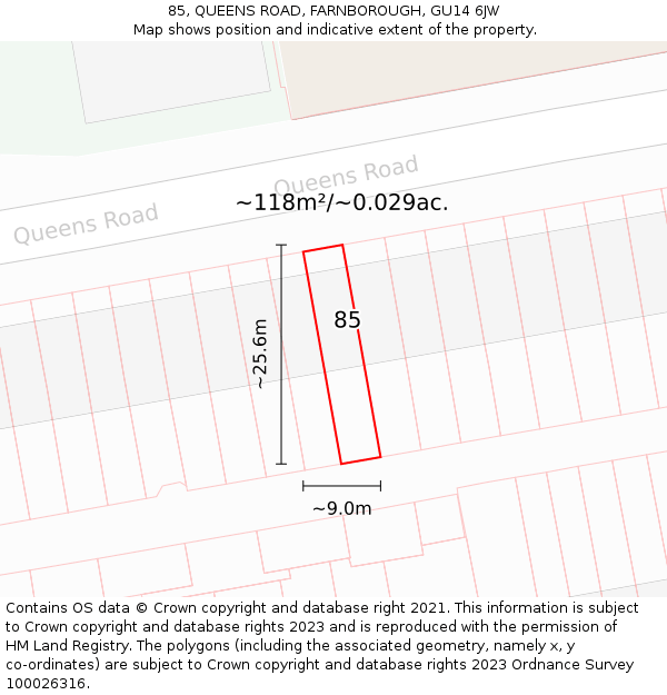 85, QUEENS ROAD, FARNBOROUGH, GU14 6JW: Plot and title map