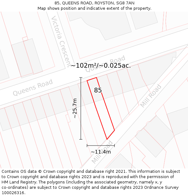 85, QUEENS ROAD, ROYSTON, SG8 7AN: Plot and title map