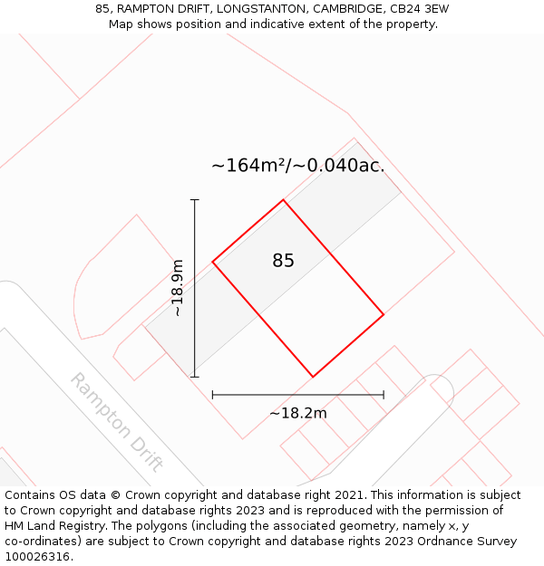 85, RAMPTON DRIFT, LONGSTANTON, CAMBRIDGE, CB24 3EW: Plot and title map