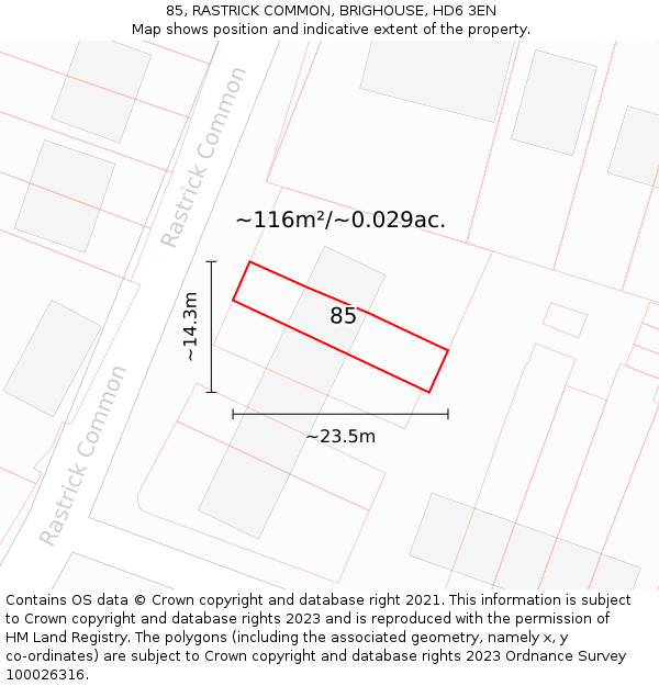 85, RASTRICK COMMON, BRIGHOUSE, HD6 3EN: Plot and title map