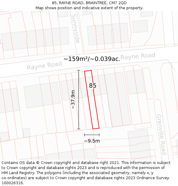 85, RAYNE ROAD, BRAINTREE, CM7 2QD: Plot and title map