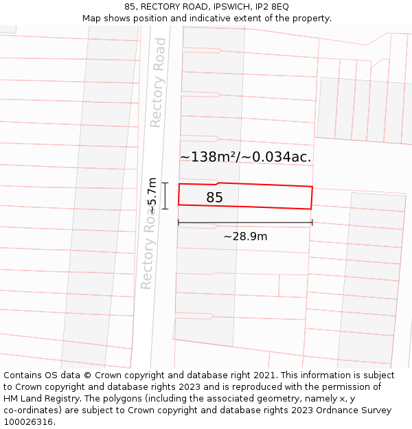 85, RECTORY ROAD, IPSWICH, IP2 8EQ: Plot and title map