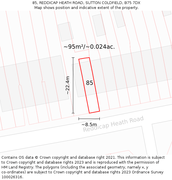 85, REDDICAP HEATH ROAD, SUTTON COLDFIELD, B75 7DX: Plot and title map