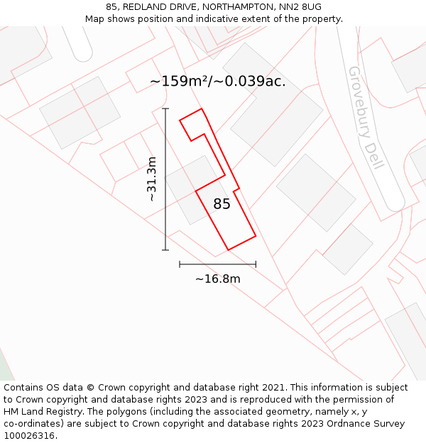 85, REDLAND DRIVE, NORTHAMPTON, NN2 8UG: Plot and title map