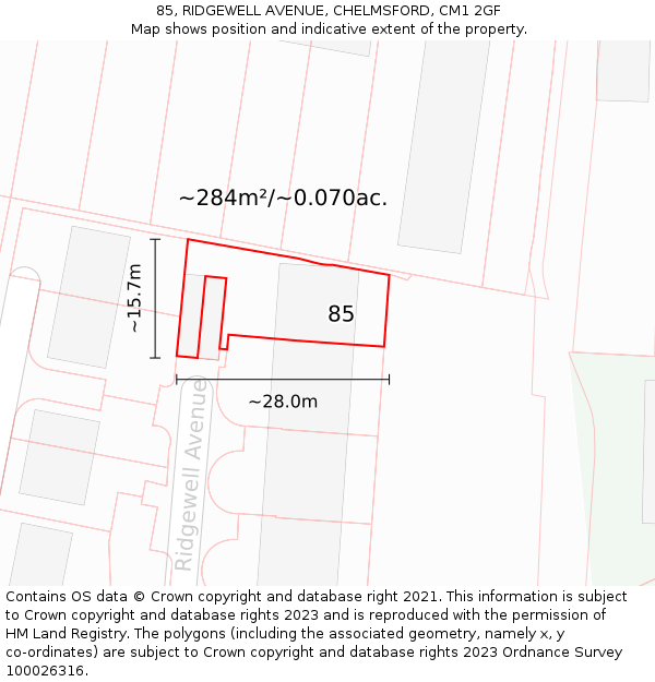 85, RIDGEWELL AVENUE, CHELMSFORD, CM1 2GF: Plot and title map