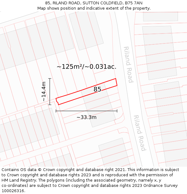 85, RILAND ROAD, SUTTON COLDFIELD, B75 7AN: Plot and title map