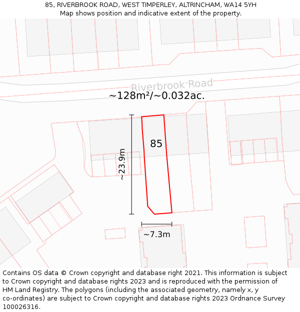 85, RIVERBROOK ROAD, WEST TIMPERLEY, ALTRINCHAM, WA14 5YH: Plot and title map