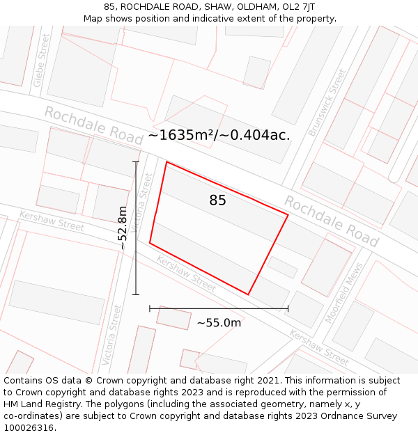 85, ROCHDALE ROAD, SHAW, OLDHAM, OL2 7JT: Plot and title map