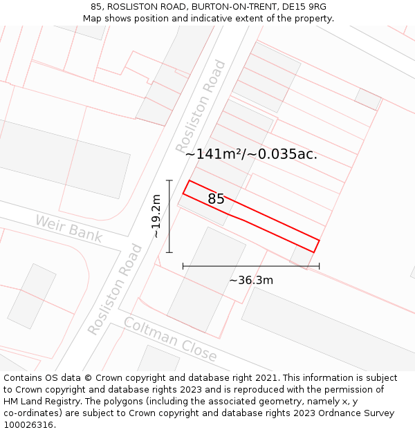 85, ROSLISTON ROAD, BURTON-ON-TRENT, DE15 9RG: Plot and title map