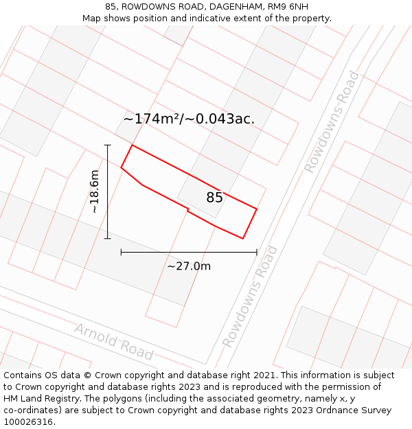 85, ROWDOWNS ROAD, DAGENHAM, RM9 6NH: Plot and title map