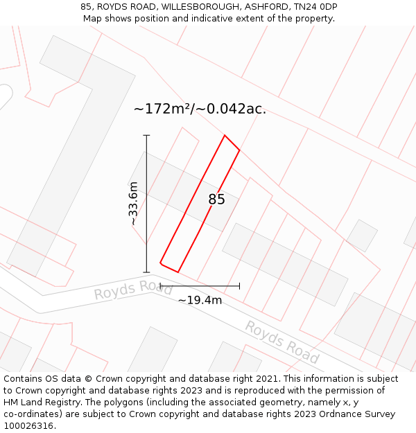85, ROYDS ROAD, WILLESBOROUGH, ASHFORD, TN24 0DP: Plot and title map