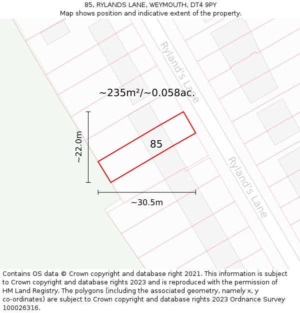 85, RYLANDS LANE, WEYMOUTH, DT4 9PY: Plot and title map