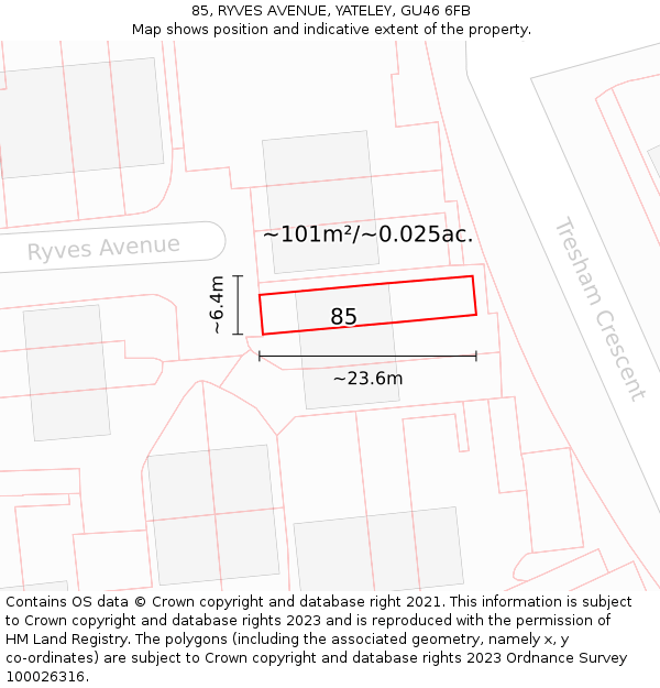 85, RYVES AVENUE, YATELEY, GU46 6FB: Plot and title map