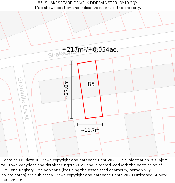 85, SHAKESPEARE DRIVE, KIDDERMINSTER, DY10 3QY: Plot and title map