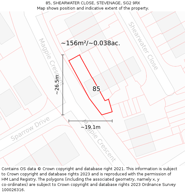 85, SHEARWATER CLOSE, STEVENAGE, SG2 9RX: Plot and title map