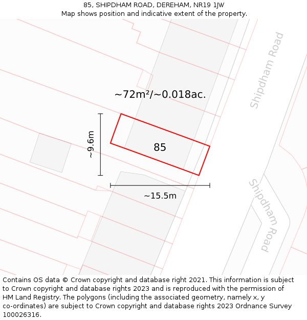 85, SHIPDHAM ROAD, DEREHAM, NR19 1JW: Plot and title map