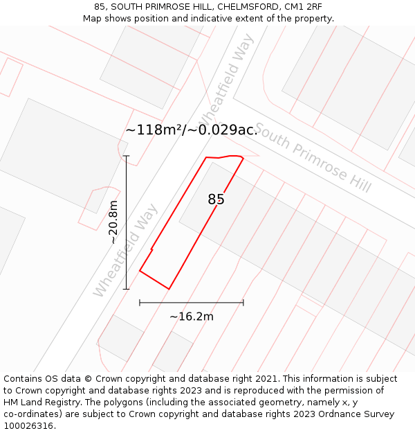 85, SOUTH PRIMROSE HILL, CHELMSFORD, CM1 2RF: Plot and title map