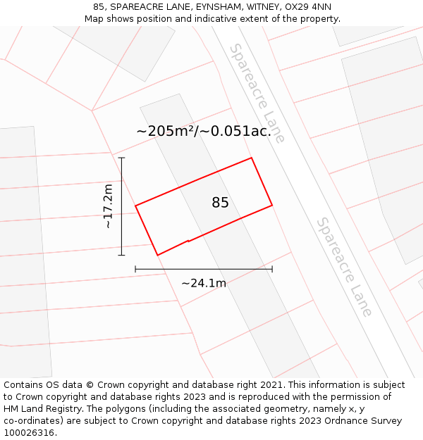 85, SPAREACRE LANE, EYNSHAM, WITNEY, OX29 4NN: Plot and title map