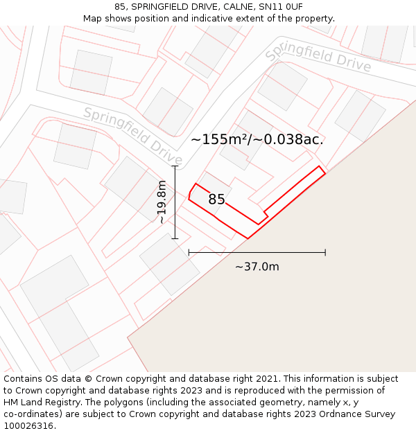 85, SPRINGFIELD DRIVE, CALNE, SN11 0UF: Plot and title map