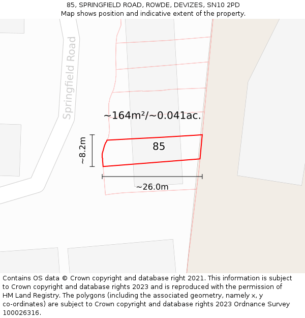 85, SPRINGFIELD ROAD, ROWDE, DEVIZES, SN10 2PD: Plot and title map