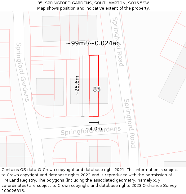 85, SPRINGFORD GARDENS, SOUTHAMPTON, SO16 5SW: Plot and title map