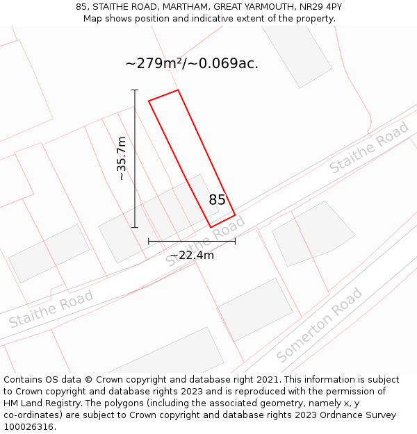 85, STAITHE ROAD, MARTHAM, GREAT YARMOUTH, NR29 4PY: Plot and title map