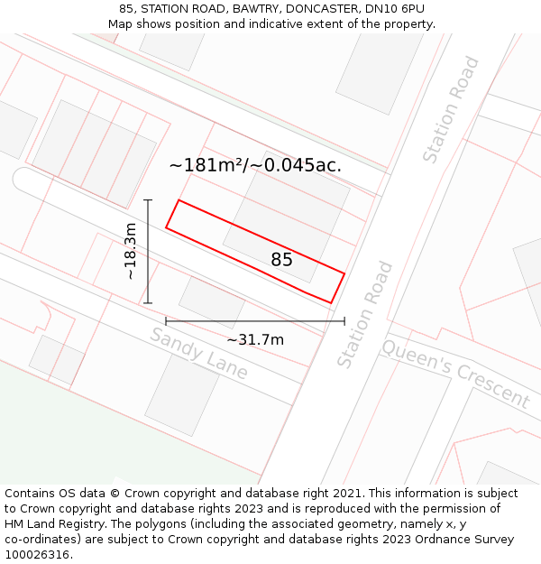 85, STATION ROAD, BAWTRY, DONCASTER, DN10 6PU: Plot and title map
