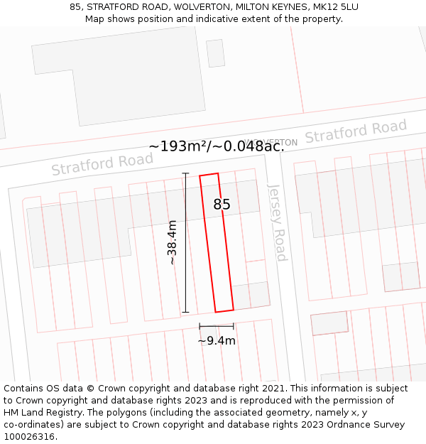 85, STRATFORD ROAD, WOLVERTON, MILTON KEYNES, MK12 5LU: Plot and title map