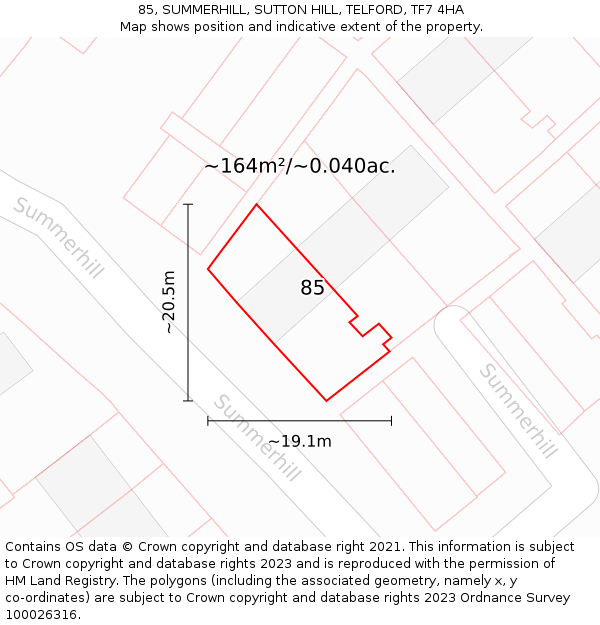 85, SUMMERHILL, SUTTON HILL, TELFORD, TF7 4HA: Plot and title map