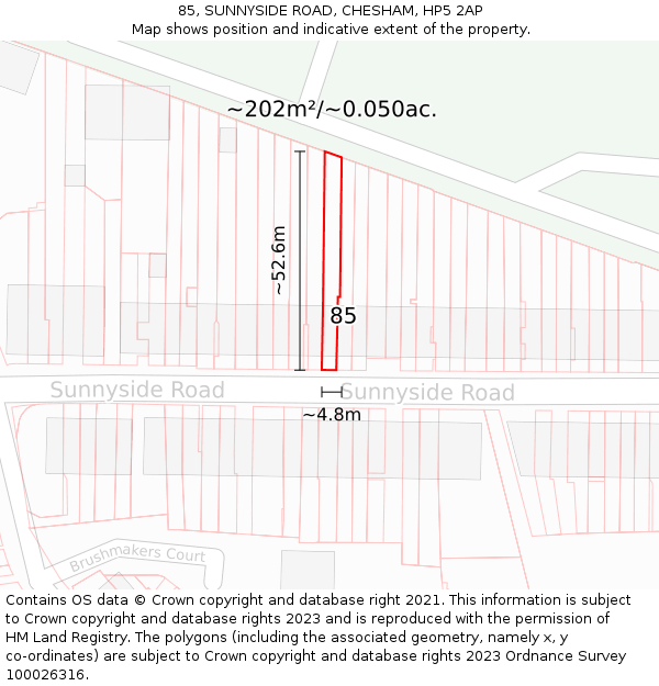 85, SUNNYSIDE ROAD, CHESHAM, HP5 2AP: Plot and title map