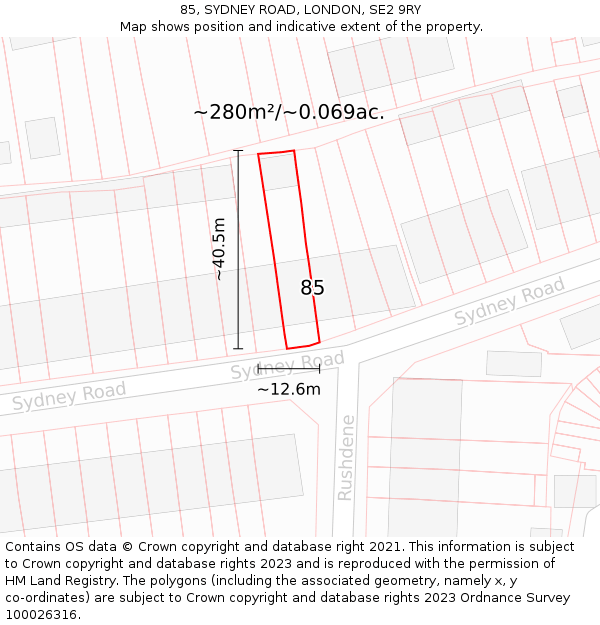 85, SYDNEY ROAD, LONDON, SE2 9RY: Plot and title map