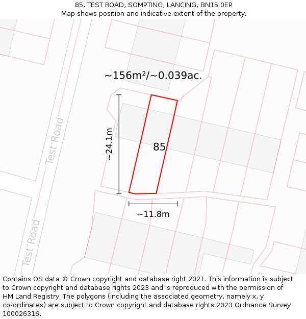 85, TEST ROAD, SOMPTING, LANCING, BN15 0EP: Plot and title map