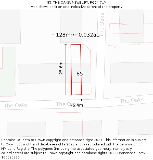 85, THE OAKS, NEWBURY, RG14 7UY: Plot and title map