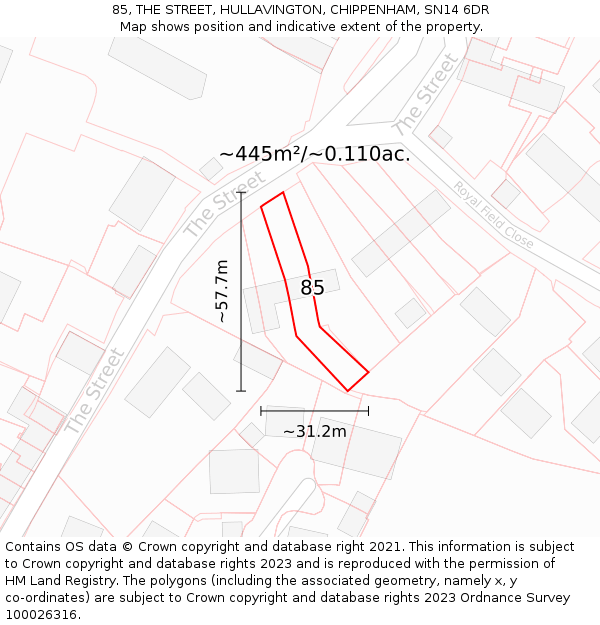 85, THE STREET, HULLAVINGTON, CHIPPENHAM, SN14 6DR: Plot and title map