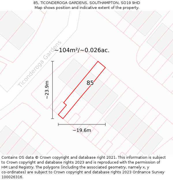 85, TICONDEROGA GARDENS, SOUTHAMPTON, SO19 9HD: Plot and title map
