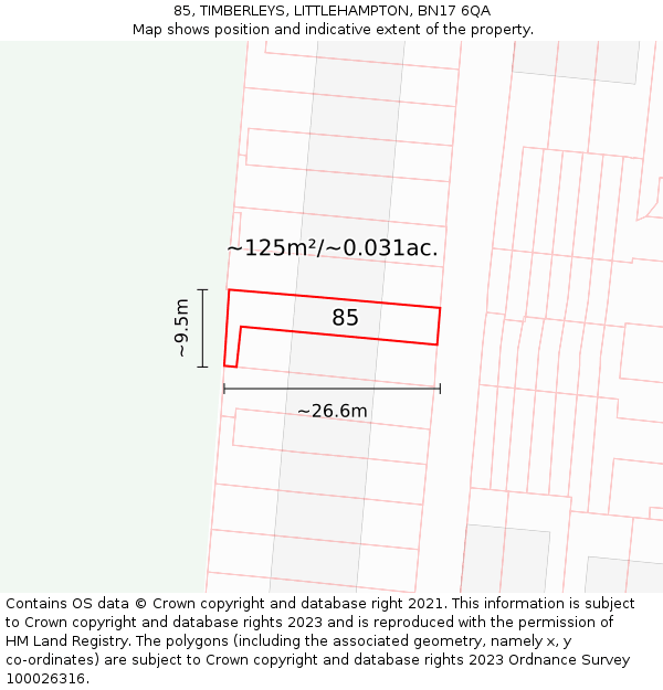 85, TIMBERLEYS, LITTLEHAMPTON, BN17 6QA: Plot and title map