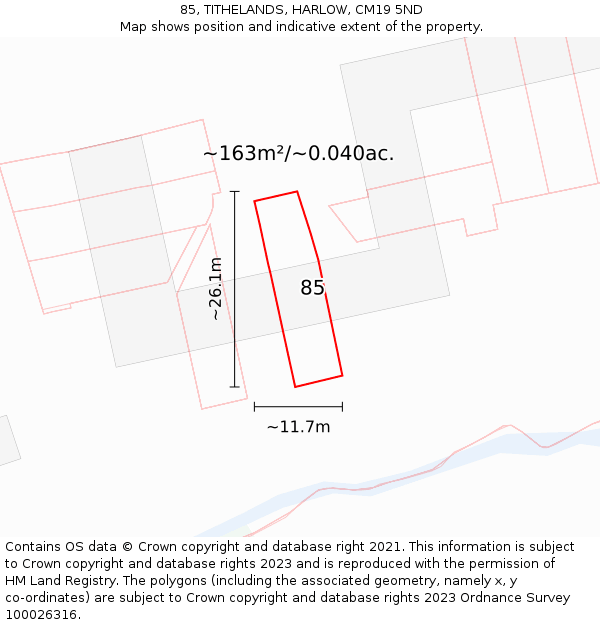 85, TITHELANDS, HARLOW, CM19 5ND: Plot and title map