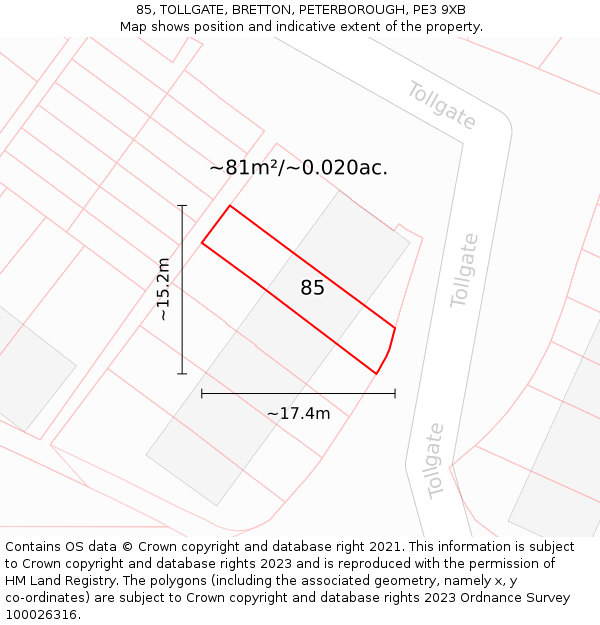 85, TOLLGATE, BRETTON, PETERBOROUGH, PE3 9XB: Plot and title map